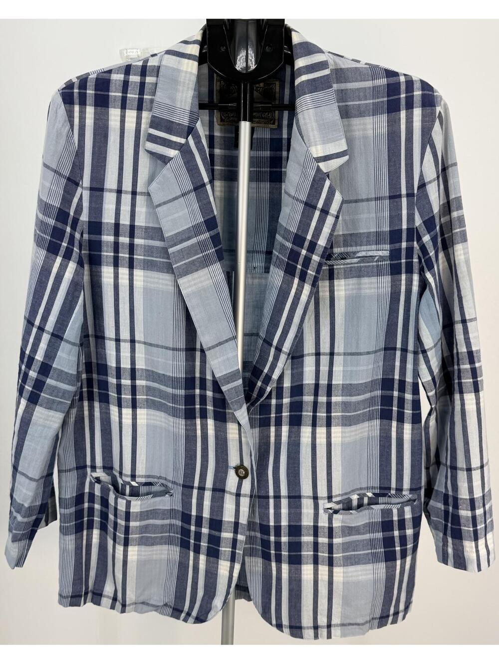 EXP Men's Blazer Suit Jacket Size Large Blue Plaid Lightweight Vintage